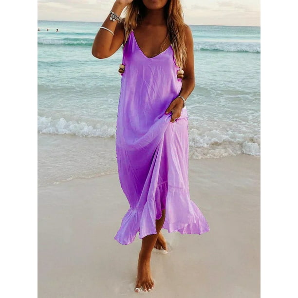 Women Print V Neck Backless Suspender Dress Holiday Summer Beach Ruffle Dresses